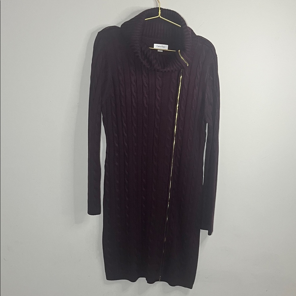 Calvin Klein Long Sleeve Cable Knit Dress Full Zipper - Dark Plum Purple Size L